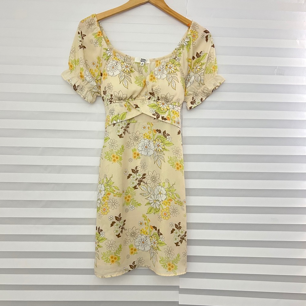 Madden NYC Womens Floral Mini Dress Yellow Cream 70 Style Cottagecore Babydoll M